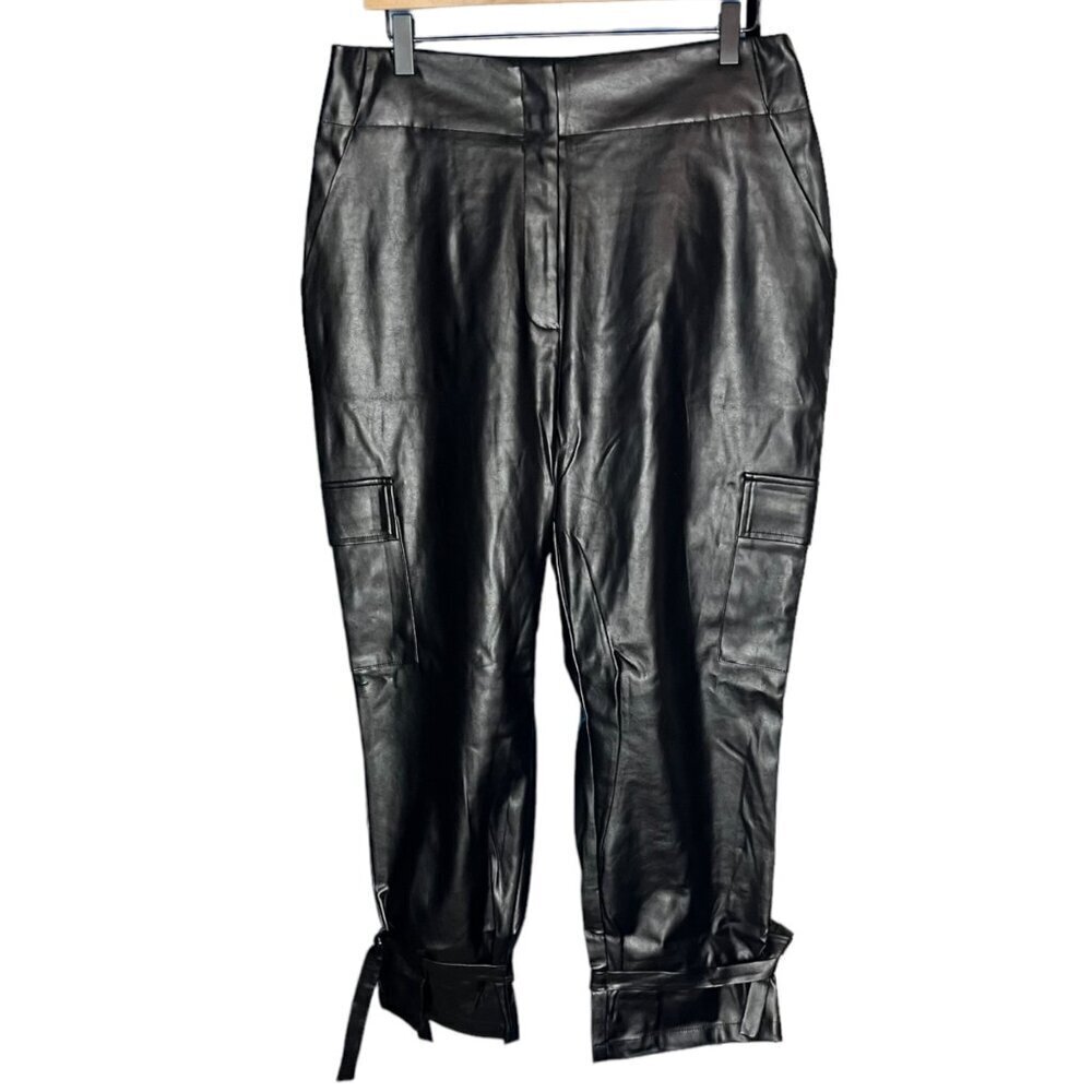 NY&C Women's M Faux Leather Cargo Jogger Pants Black Ankle Tie Trendy Grunge New